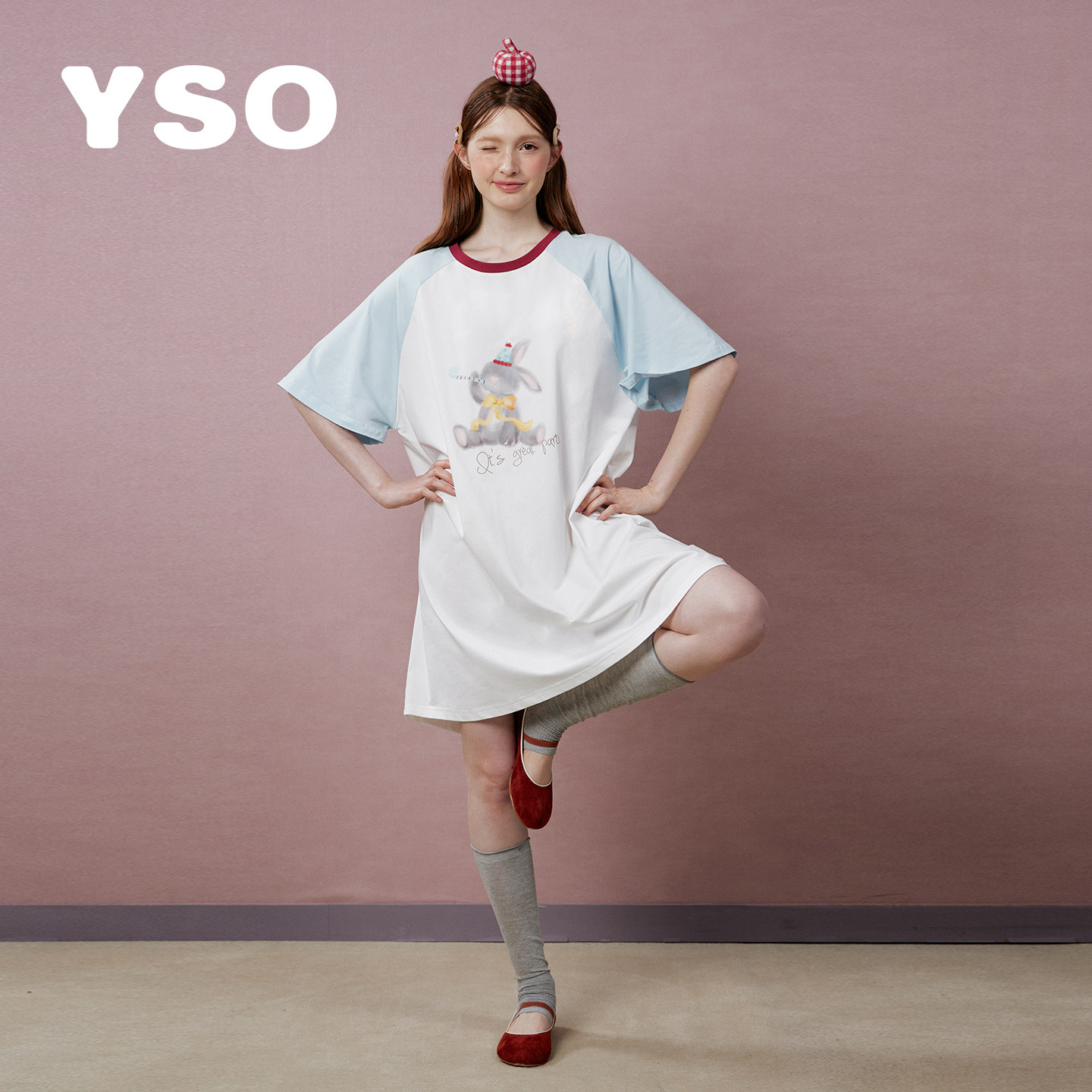 yso【礼物系列】睡衣女夏卡通兔子印花宽松舒适连衣裙甜美家居服B
