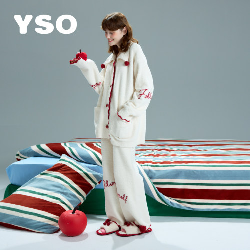 yso【礼物系列】半边绒睡衣女冬季新款松弛感加绒厚可外穿家居服D
