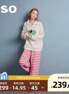 yso【酷猫系列】睡衣女冬款半边绒保暖v领套头两件套家居服套装D