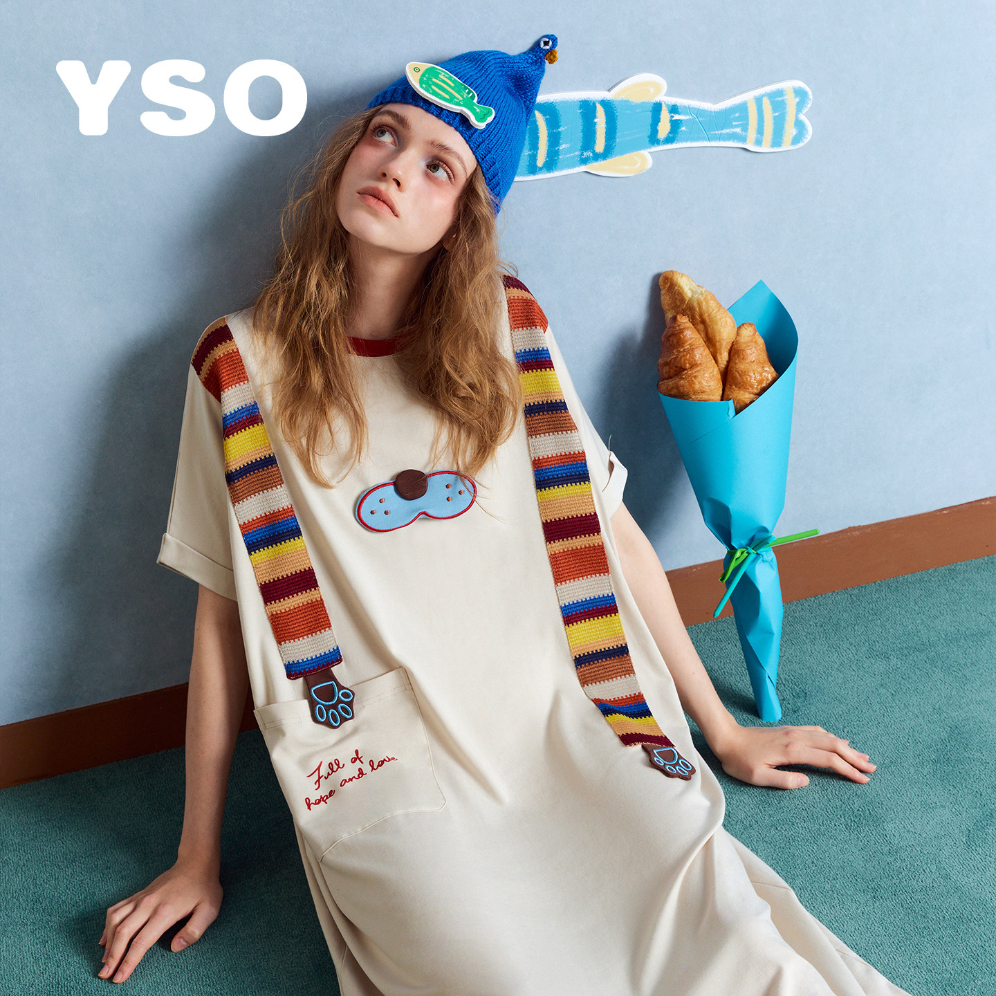 yso【酷猫系列】睡衣女春夏季卡通宽松休闲连体睡裙两穿家居服B