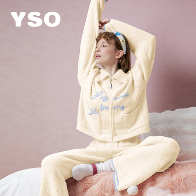 yso【花花梦园】睡衣女冬季新款半边绒刺绣ins可外穿家居服套装D