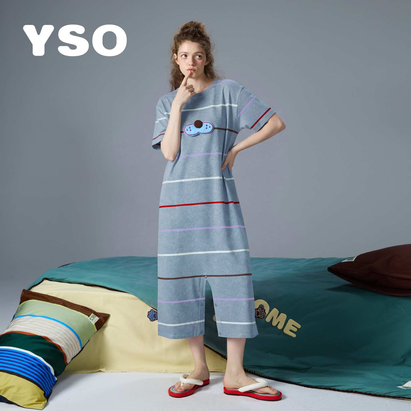 yso酷猫系列连体睡裙夏条纹图片