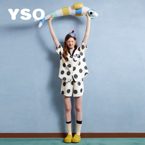 yso【酷猫系列】睡衣女夏季波点短袖两件套清新甜美家居服套装B