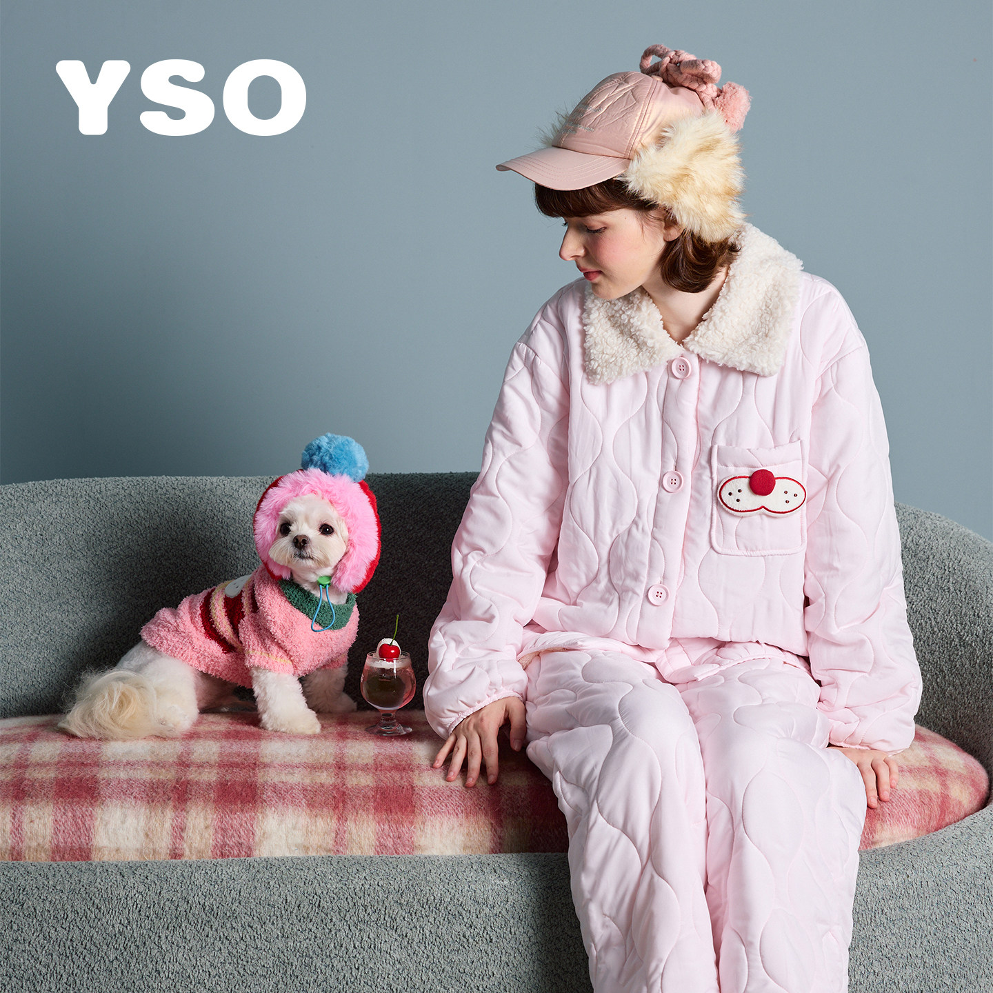 yso【酷猫系列】睡衣女冬季加厚粉色夹棉保暖可爱家居服外穿套装D