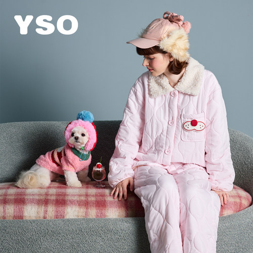 yso【酷猫系列】睡衣女冬季加厚粉色夹棉保暖可爱家居服外穿套装D