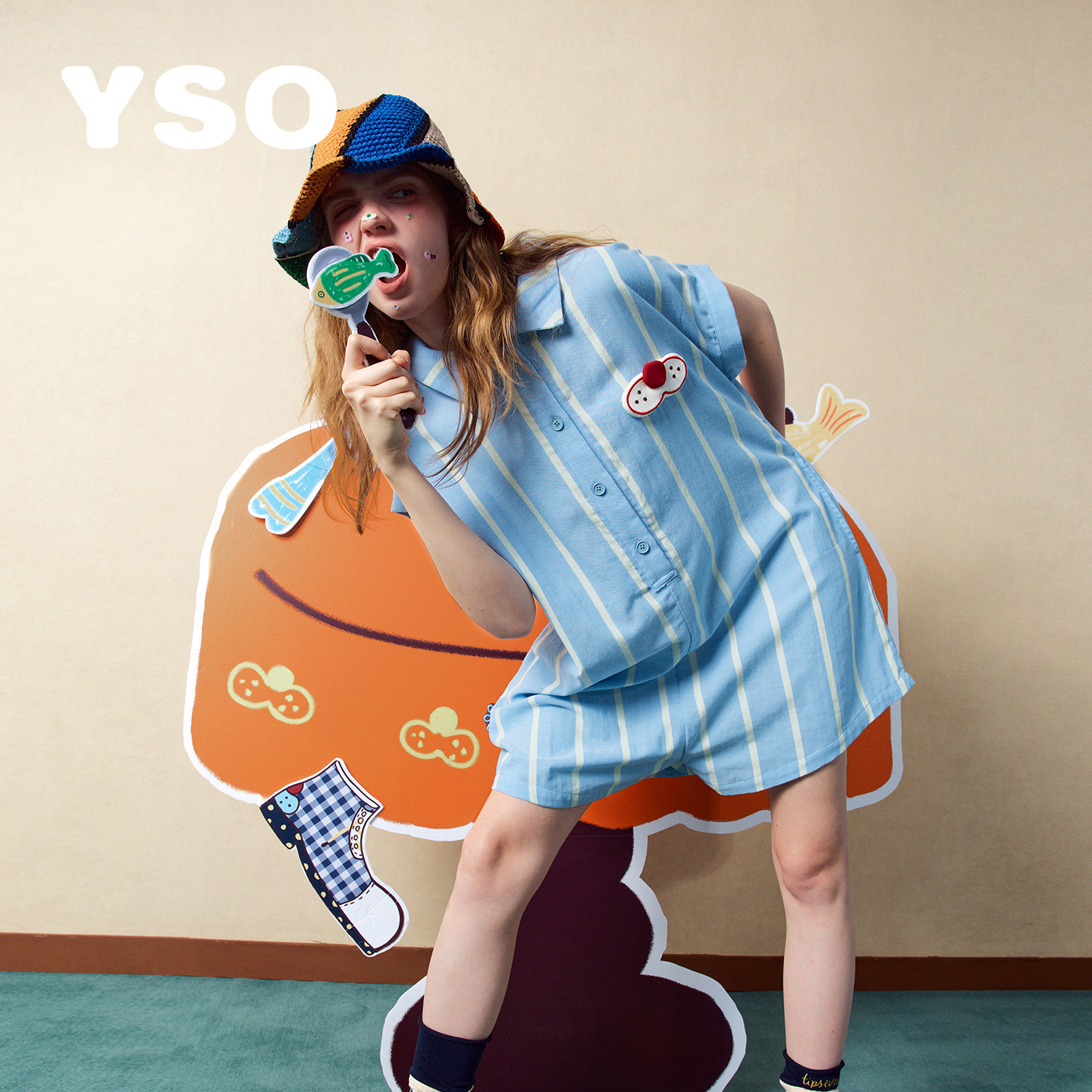 yso【酷猫系列】睡衣女连体夏季条纹全棉双层纱衬衫裙家居服套装B