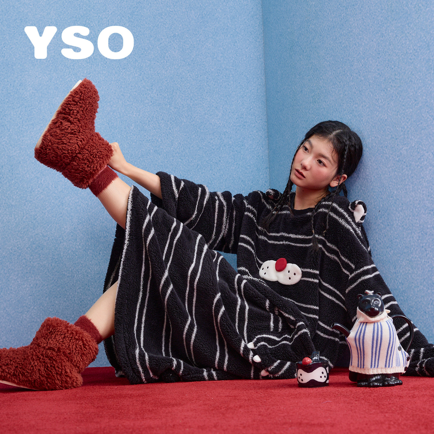 yso【酷猫系列】睡裙女秋冬可爱条纹珊瑚绒长款睡衣可外穿家居服D图片