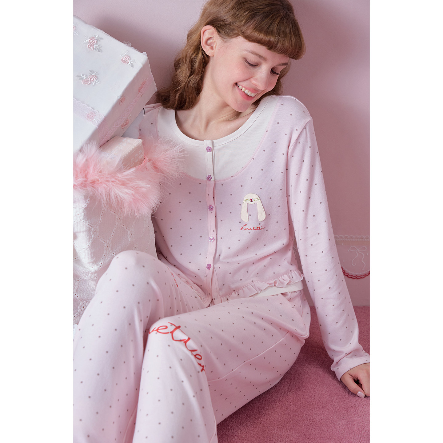yso【礼物系列】睡衣女春秋款粉色波点假两件舒适甜美家居服套装A