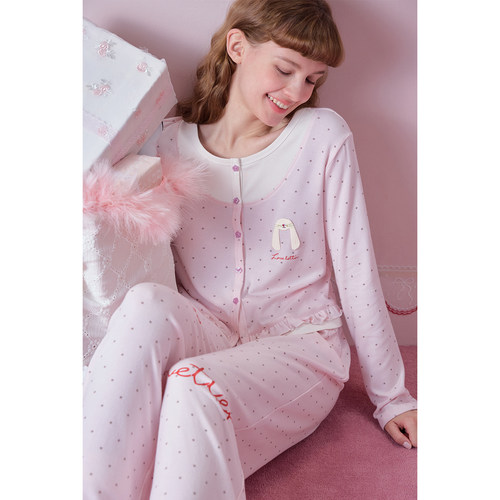 yso【礼物系列】睡衣女春秋款粉色波点假两件舒适甜美家居服套装A