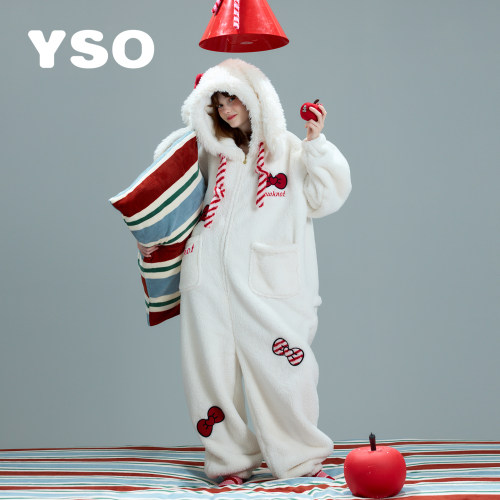 yso【礼物系列】连体睡衣女冬季珊瑚绒家居服新年红色过年家居服D