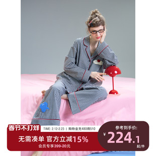 yso【酷猫系列】睡衣女春秋格纹衬衫长袖长裤休闲简约家居服套装C