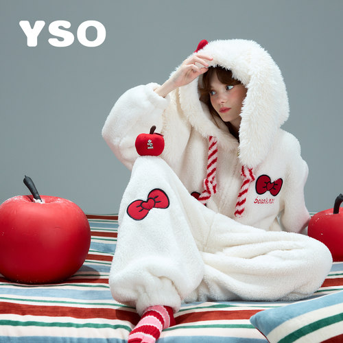 yso【礼物系列】连体睡衣女冬季珊瑚绒家居服新年红色过年家居服D