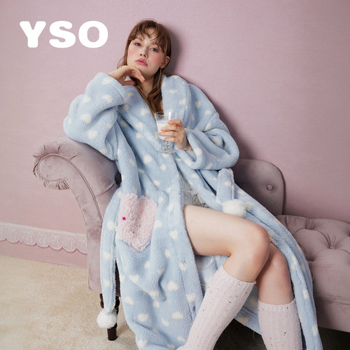 yso【礼物系列】睡衣女冬季长毛绒加厚睡袍波点甜美可外穿家居服D