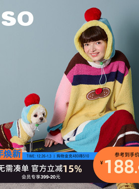 yso【酷猫系列】睡衣女秋冬新款条纹长袖毛衣裙半边绒家居服套装D