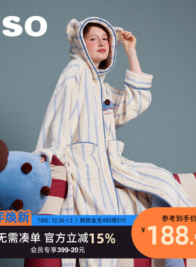 yso【酷猫系列】睡衣女冬法兰绒连帽睡袍珊瑚绒加厚卡通家居保暖D