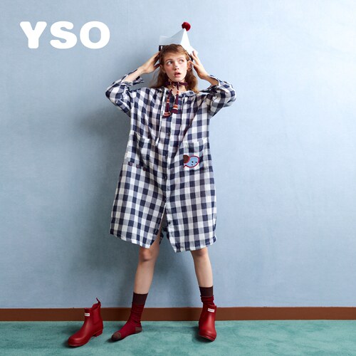yso【酷猫系列】睡衣女春夏双层纱格纹衬衫裙连体两穿文艺风套装A