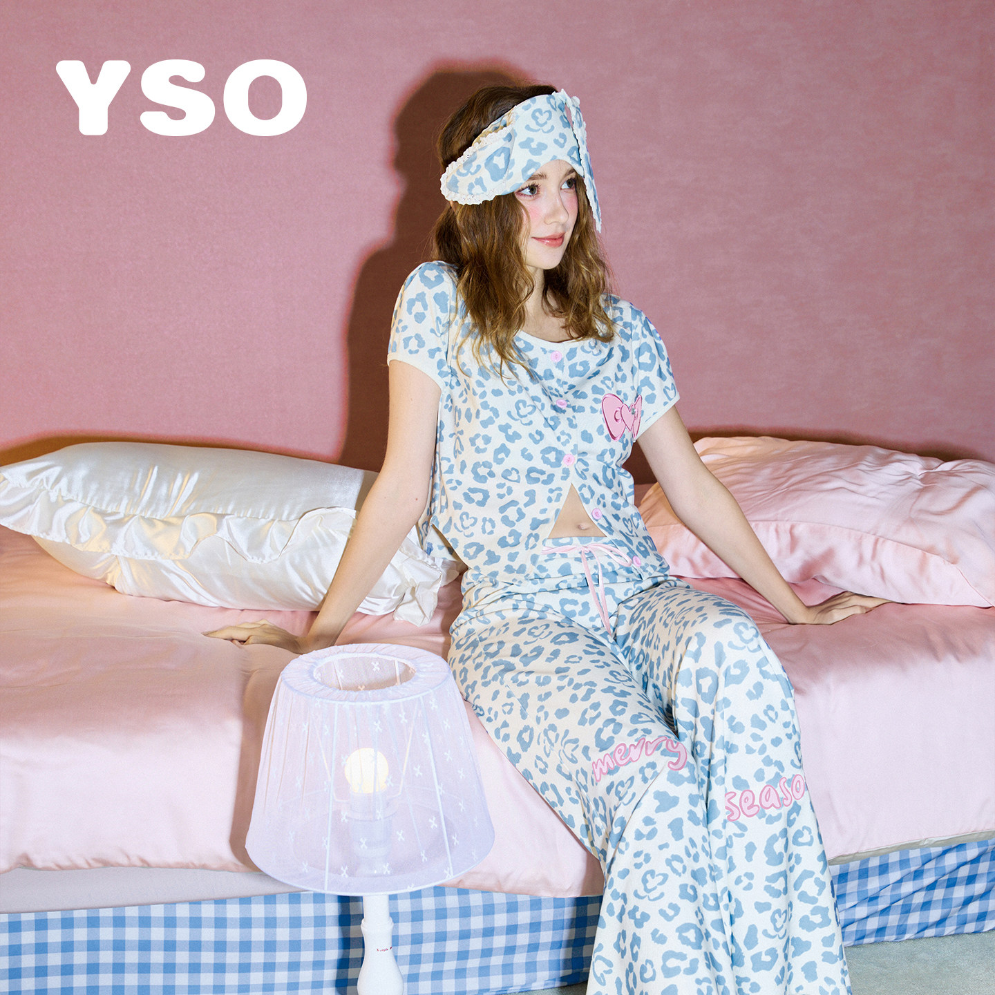 yso【礼物系列】睡衣女夏豹纹短袖T恤高腰喇叭裤休闲家居服套装B