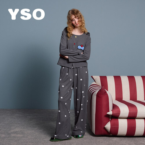 yso【酷猫系列】睡衣女26秋冬新款仿德绒波点柔软外穿家居服套装C