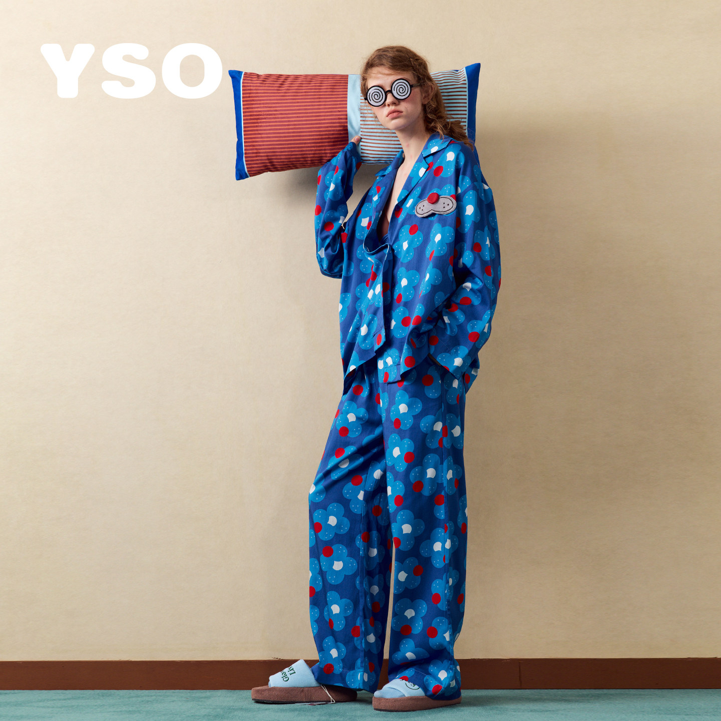 yso【酷猫系列】睡衣女春秋天丝复古印花宽松长袖女士家居服套装A图片