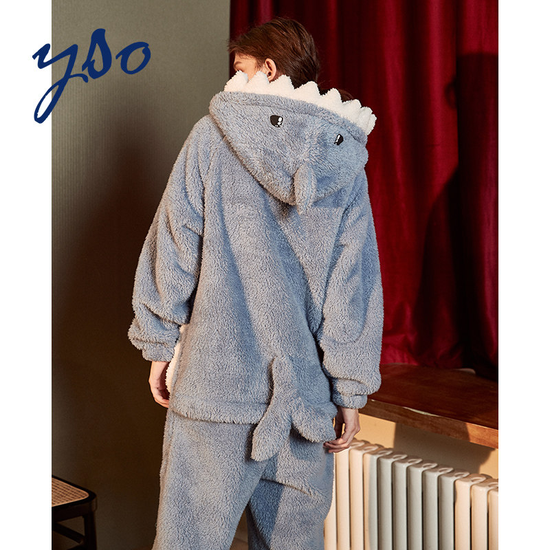 yso连体睡衣女冬珊瑚绒秋冬季薄款法兰绒可爱少女鲨鱼家居服睡衣