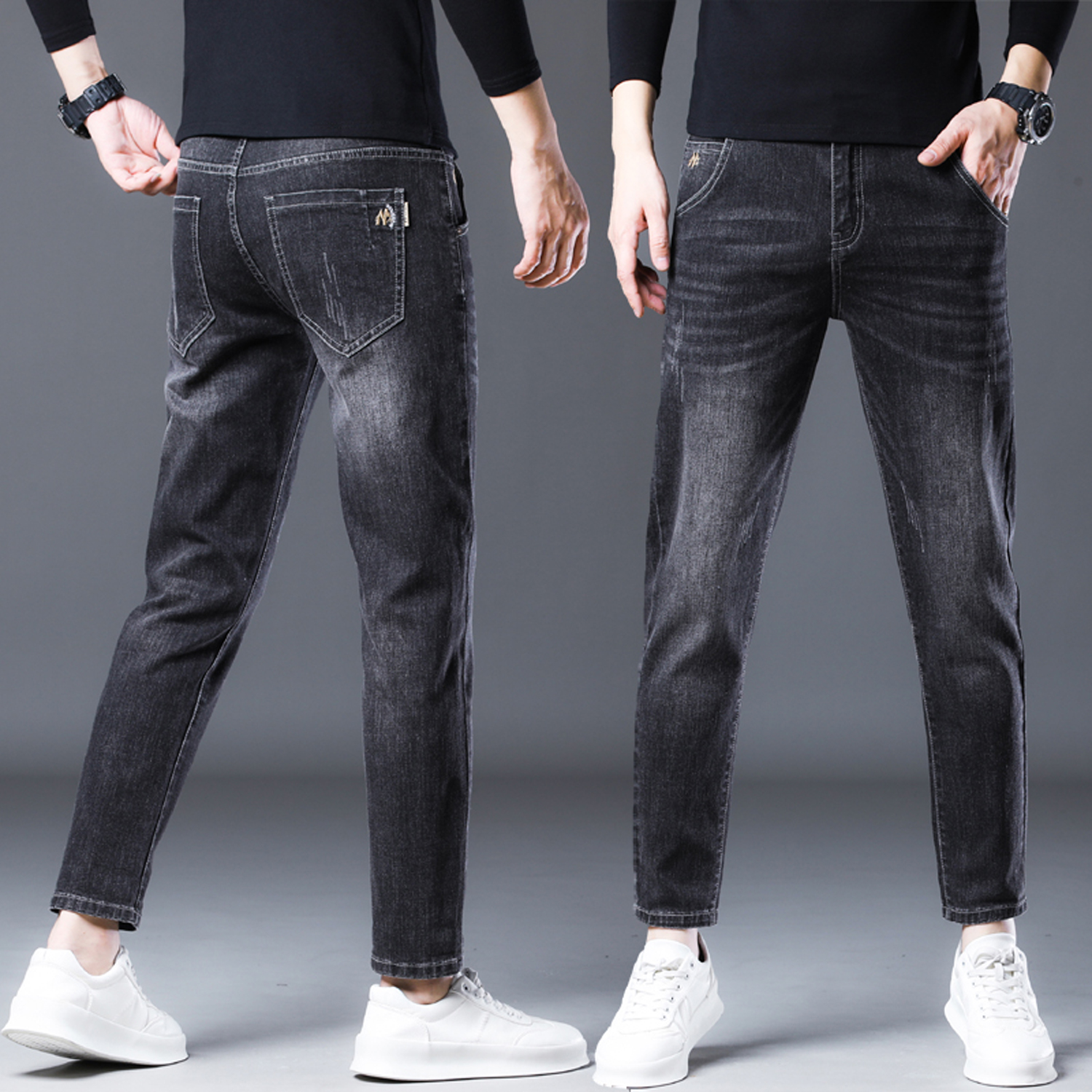 2025秋冬新款高端帅气修身小脚黑色九分裤男式学生显瘦休闲牛仔裤
