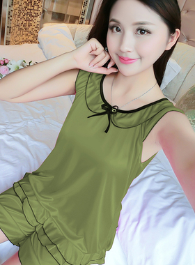 睡衣女夏冰丝背心网红新款纯色套装女红色200斤丝绸加大码家居服