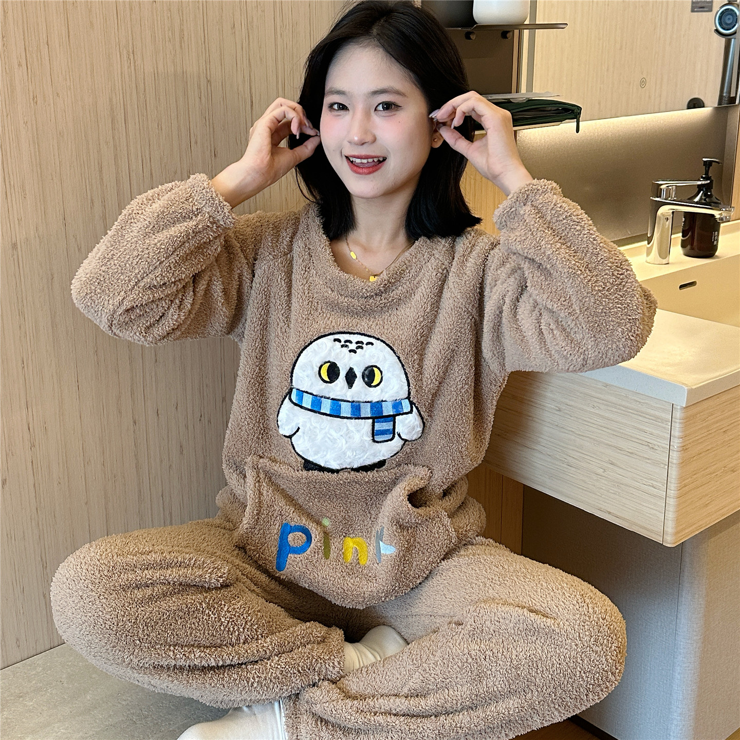 睡衣女秋冬季半边绒加厚保暖