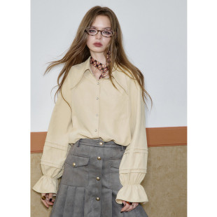 法式 新款 泡泡袖 女2025年秋季 宫廷风宽松上衣 卡其色衬衫 妖精