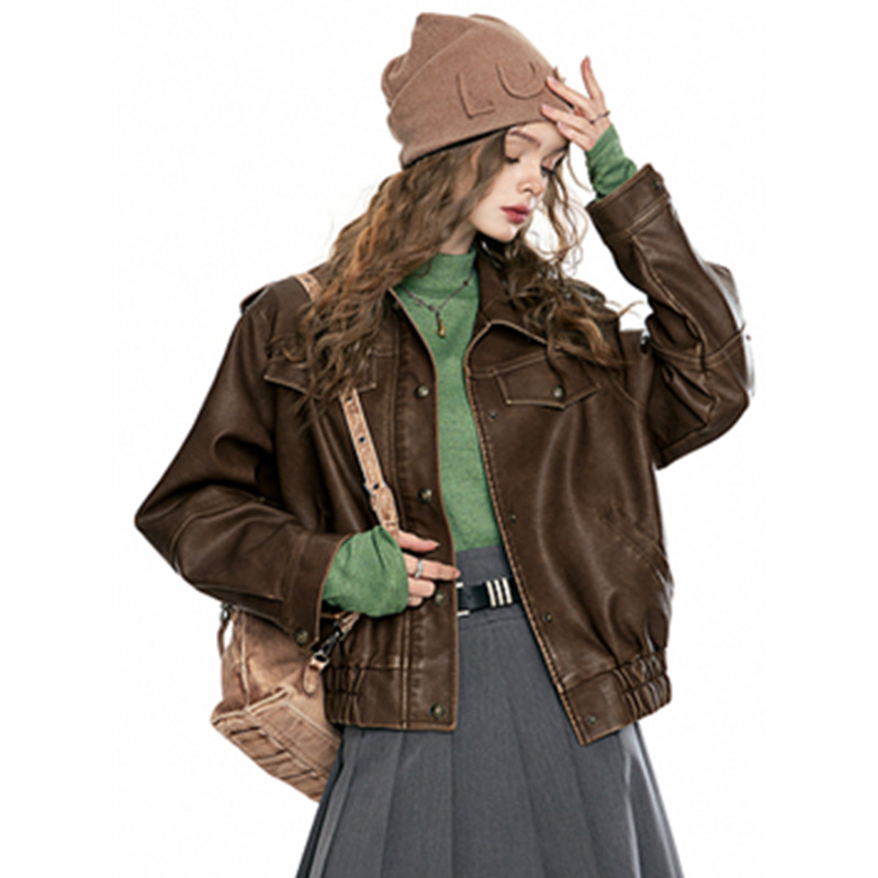 妖精的美拉德皮衣外套女2024冬季新款美式复古工装气质短外套