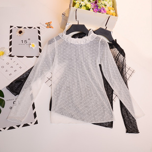 T透视百搭修身 长袖 上衣 新荷叶半高领小圆点网纱打底衫 2026女春季