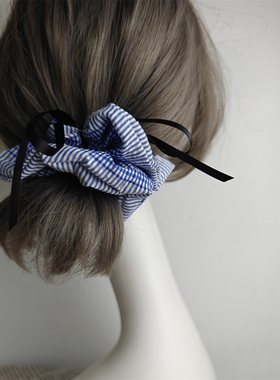 「吾庄」蓬松慵懒少女感蓝色格子丝带蝴蝶结大肠发圈气质原创自制