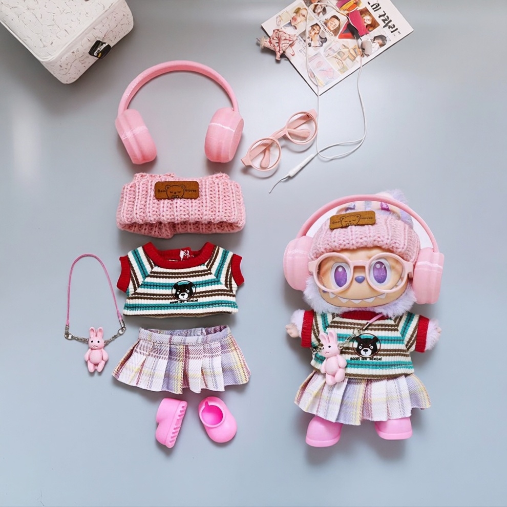 labubu一二三代可爱潮玩娃娃衣百褶裙背带裤套装彩虹条纹兔子背包