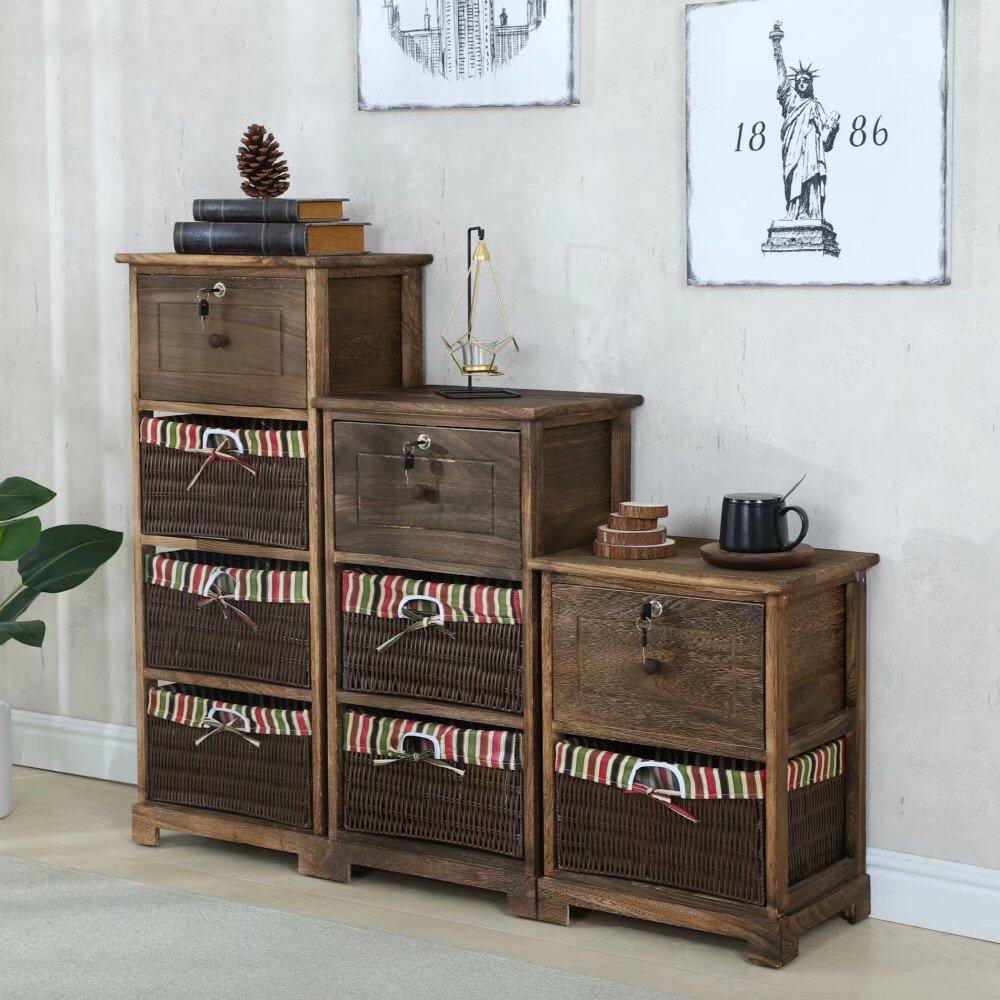 复古实木藤编抽屉式整理收纳柜简易木质田园儿童窄储物床头柜带锁|msdalam kategori perabot kediaman, kabinet, Meja sisi katil - dari Buy2taobao.com untuk memberikan perkhidmatan ejen Taobao profesional membeli