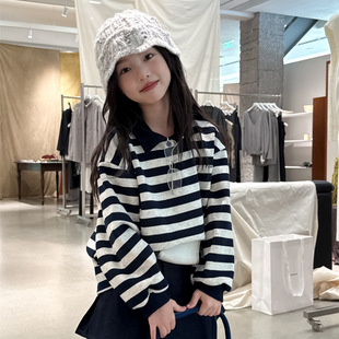 百搭上衣儿童条纹翻领polo衫 花与寻女童polo衫 韩版 2025秋季 新款