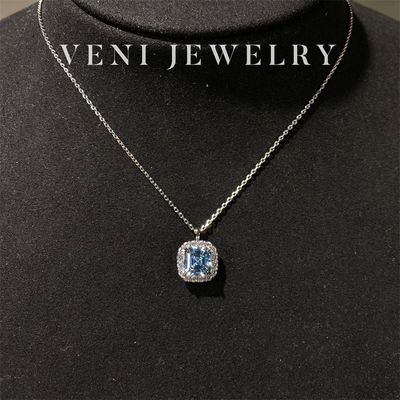 Veni珠宝 圣玛利亚 培育海蓝宝项链2克拉吊坠925银镀18K金微镶N19