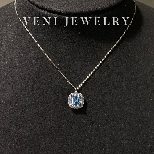 Veni珠宝 圣玛利亚 培育海蓝宝项链2克拉吊坠925银镀18K金微镶N19