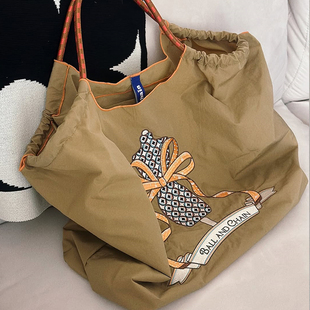 麦町汀日系ball chain刺绣丝巾旗袍环保购物袋斜挎帆布单肩通勤包