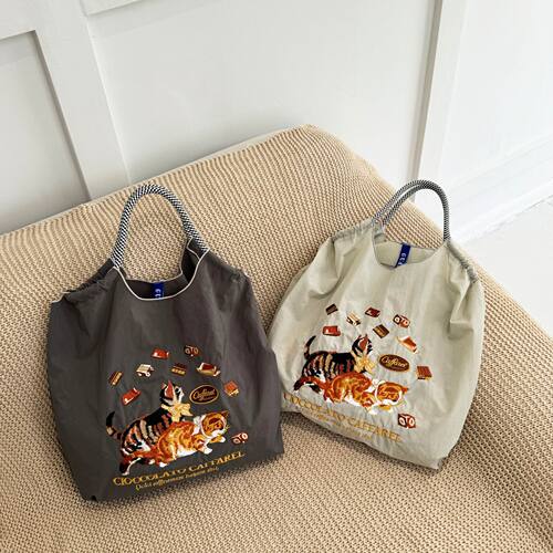 日系ball chain刺绣巧克力猫猫环保袋帆布斜挎购物袋大容量通勤包