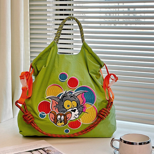 麦町汀刺绣猫和老鼠七彩干瞪眼帆布包女2024新款托特包通勤包