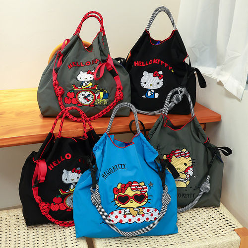 日系ball chain刺绣KITTY凯蒂猫环保购物袋斜挎帆布包通勤单肩包