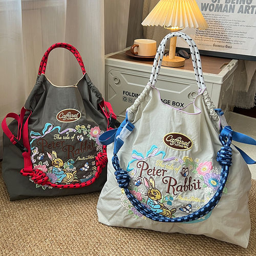 日系ball chain刺绣贵族兔子环保袋购物袋斜挎帆布包通勤单肩包女