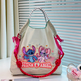 Disney迪士尼官方正品刺绣史迪仔和安琪环保购物袋帆布手提通勤包