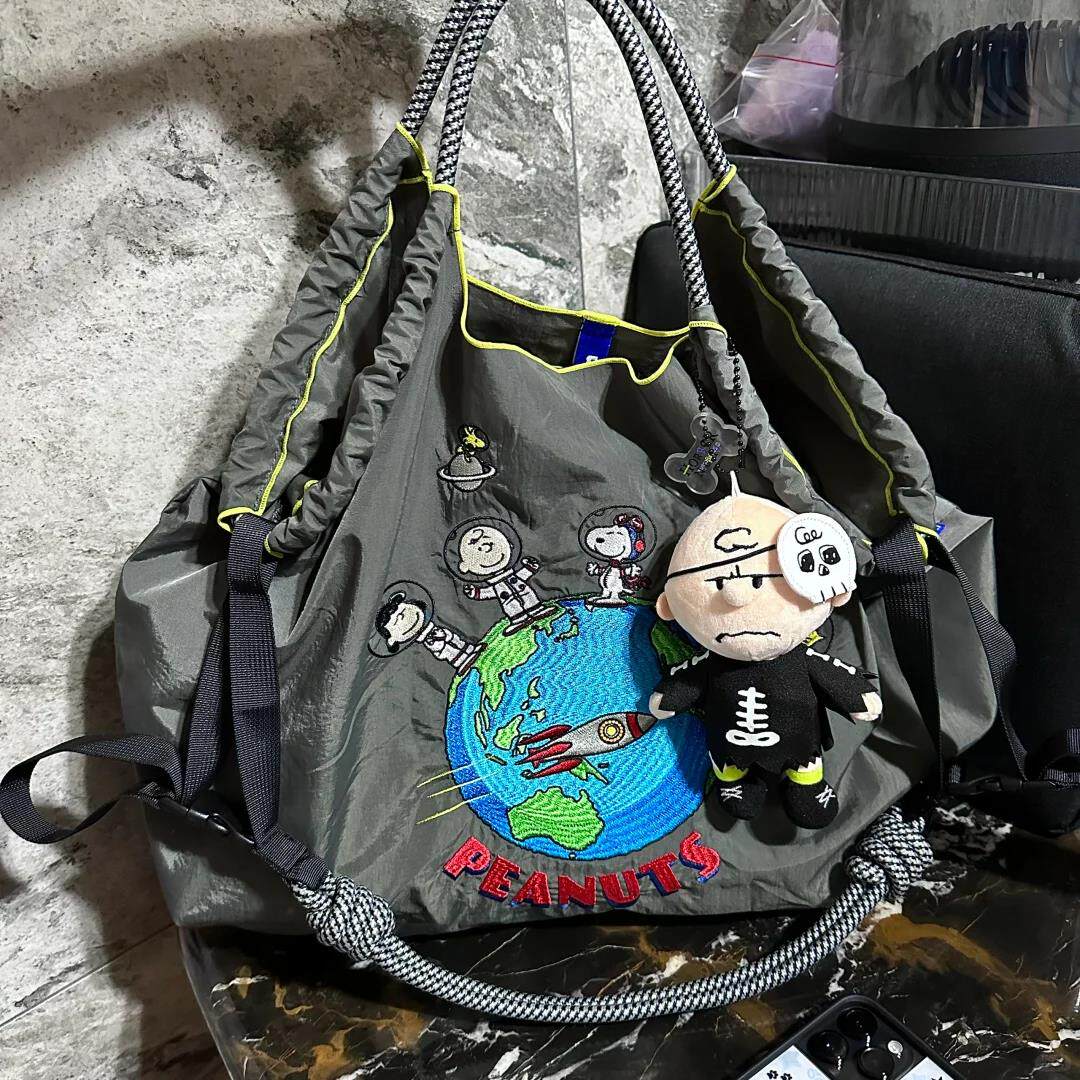 日系ball chain刺绣史努比地球环保袋斜挎帆布手提购物袋通勤包女