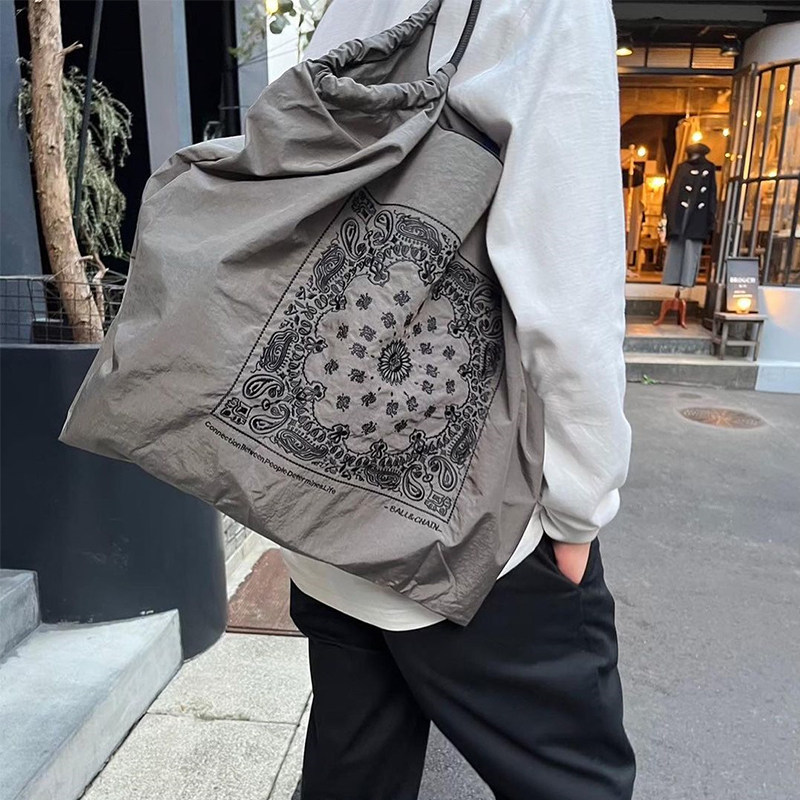 日系刺绣购物袋ball chain深灰色腰果花环保袋大容量通勤包帆布包