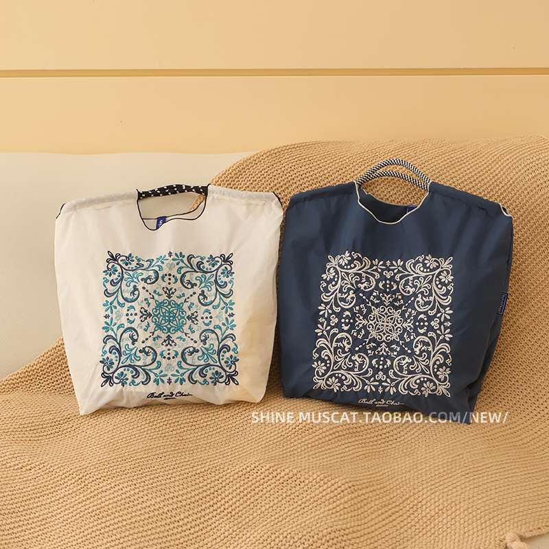 ballchain购物袋单肩斜跨包高圆圆同款藤花日系环保布刺绣尼龙布