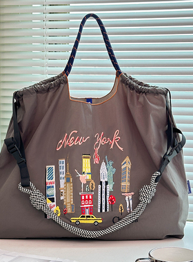 麦町汀日系ball chain刺绣灰色纽约环保购物袋斜挎帆布单肩通勤包