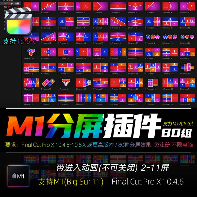 FCPX中文插件86个网格排版动态2-11屏分屏预设效果多屏幕框架M1