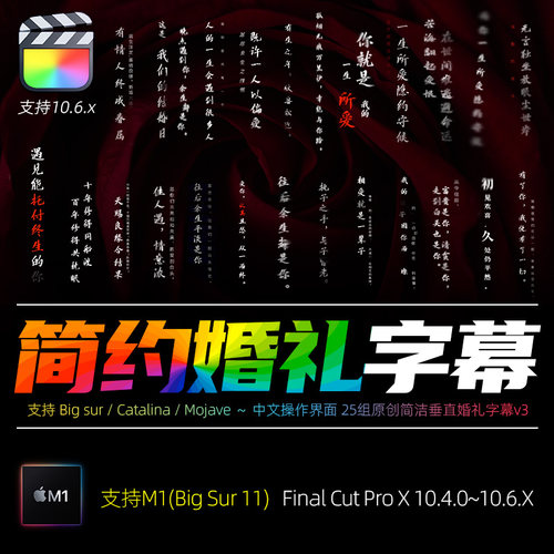 FCPX10.4字幕插件中式简洁垂直婚礼节目人名淡入动画MV歌词标题M1