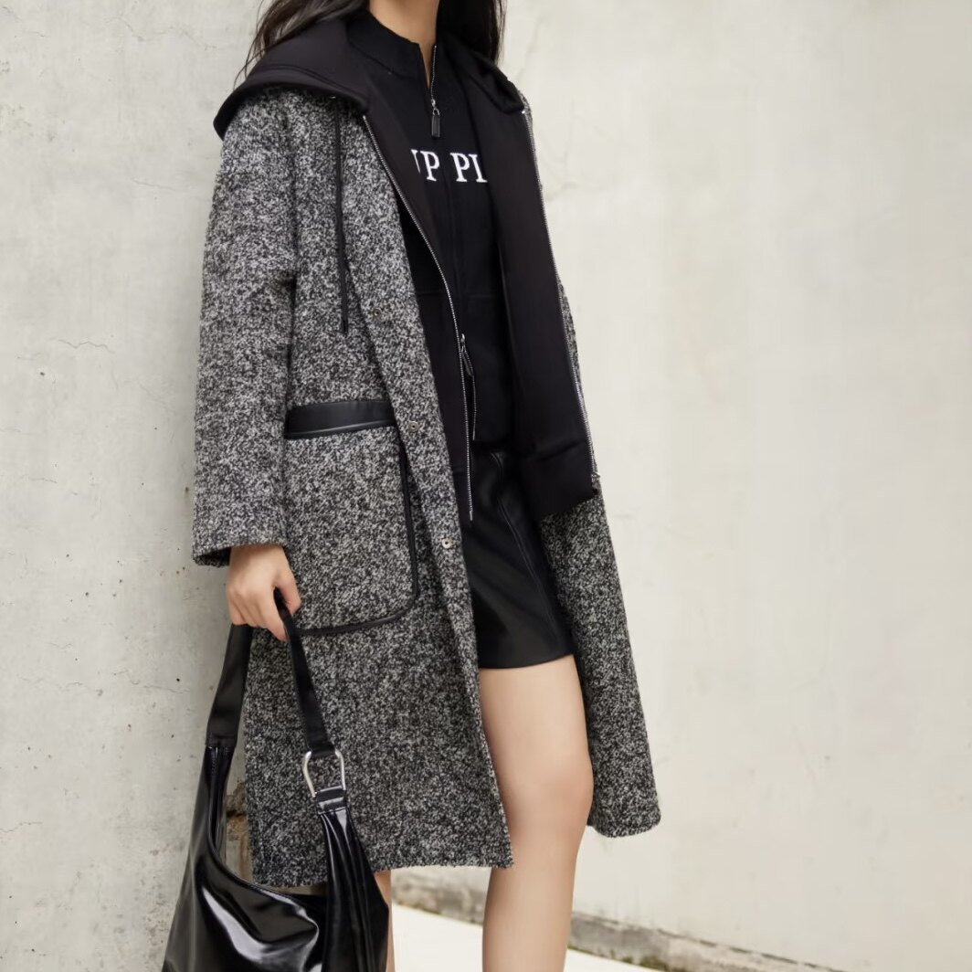 【S系列&middot;专柜正品】秋冬假两件连帽可拆卸中长款呢子大衣外套女
