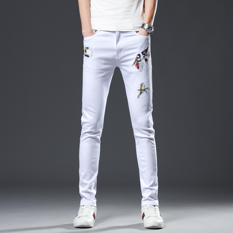 秋冬季男款白色小鸟刺绣牛仔裤男休闲欧美个性长裤子弹力时尚潮牌